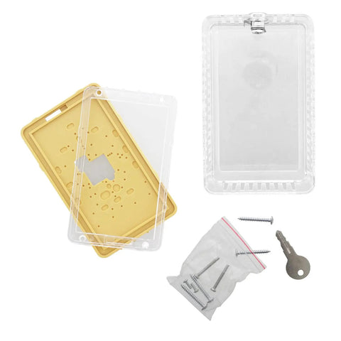 Locking Thermostat Cover for Home HVAC Clear Plastic Wall Mount with Key Lock Box and hardware set for temperature control.