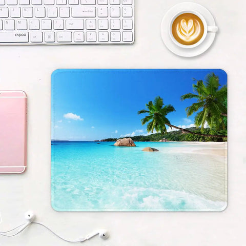 Beach Theme Mouse Pad 12x10 Inch For Desk Setup Waterproof Non Slip Rubber With Stitched Edges Blue Premium Textured Surface For Gaming