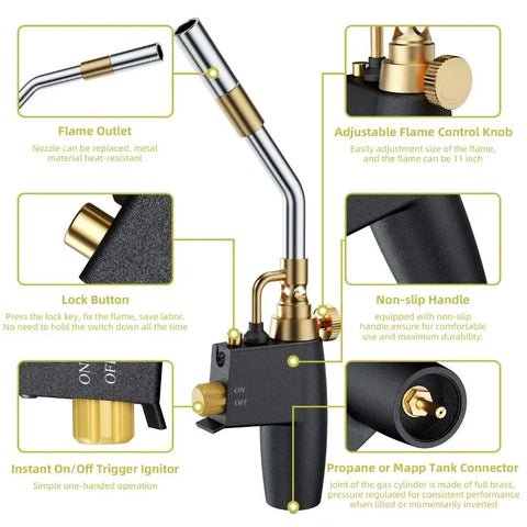 High Intensity Propane Torch Head With Adjustable Flame And Self Ignition Portable Hand Trigger Start For Gas Welding And Searing Steak Pro Grade Compatible With MAPP Pro with illustrated features