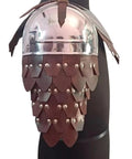 Rugged Mild Steel Shoulder Armor With Neck Gorget For Adults featuring leather buckle closure, oiled finish, ideal for LARP and SCA events.