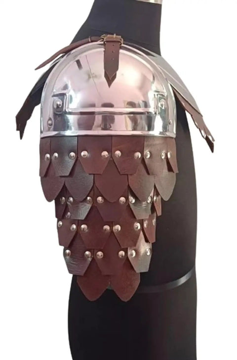 Rugged Mild Steel Shoulder Armor With Neck Gorget For Adults featuring leather buckle closure, oiled finish, ideal for LARP and SCA events.