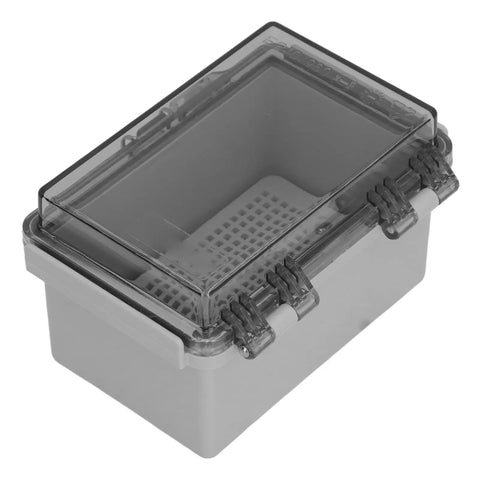 Heavy Duty ABS Electrical Enclosure Box With IP67 Waterproof Rating For 100x150x90mm Distribution Setup, gray box with hinged transparent cover.