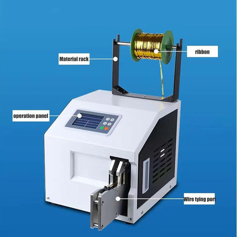 Heavy Duty Semi-Automatic Cable Tie Gun Machine For Professional Wire Harness Sealing And Strapping Bundles Up To 30 Mm with operation panel and material rack.