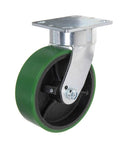 Badass Heavy Duty Kingpinless Swivel Caster With Polyurethane Molded Steel Wheel Non Marking Floor Friendly Smooth Rolling 5 Inch 1750 Pound Capacity For Shop Rig Or Garage Setup, showcasing green polyurethane wheel.