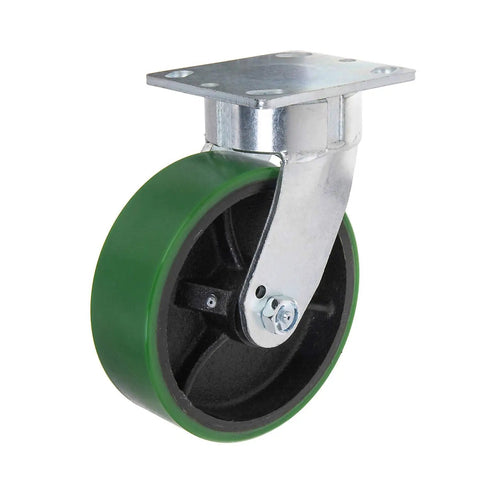 Badass Heavy Duty Kingpinless Swivel Caster With Polyurethane Molded Steel Wheel Non Marking Floor Friendly Smooth Rolling 5 Inch 1750 Pound Capacity For Shop Rig Or Garage Setup, showcasing green polyurethane wheel.
