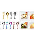 Two Piece Colorful Compact Fork And Spoon Set For Travel Camping And Picnics, assorted colors, stainless steel cutlery in use
