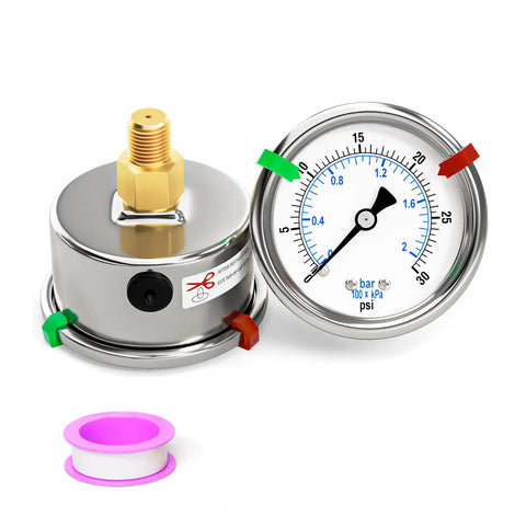 Stainless Steel Dry Pressure Gauge 0-30 Psi With 2 Inch Dial Back Mount One Eighth Inch NPT Dual Scale Waterproof with Teflon tape