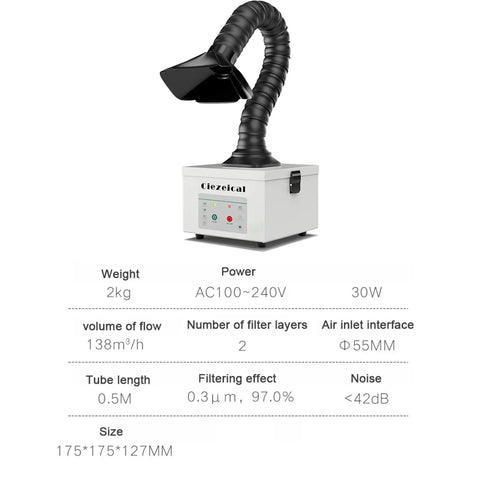 Top Shelf Solder Fume Extractor With Dual Layer Activated Carbon Filter showing flexible arm and control panel for clean air.