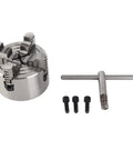Heavy Duty 4 Jaw Independent Lathe Chuck With 3 Inch Reversible Jaws Manual Machine Shop Workhorse next to screws and handle tool.
