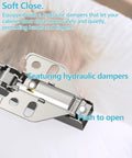 Quiet Hydraulic Soft Close Cabinet Hinges With Self Closing Door Mounts Plus Repair Plates And Screws For Precise 3 Way Adjust close-up view of cabinet hinge with hydraulic dampers.