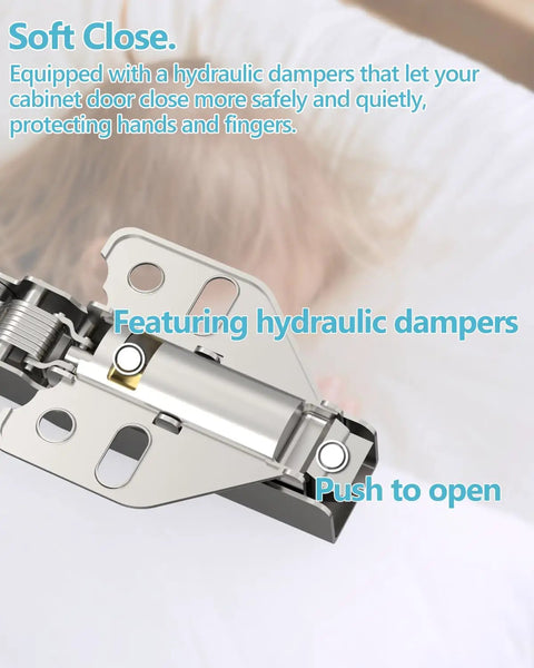 Quiet Hydraulic Soft Close Cabinet Hinges With Self Closing Door Mounts Plus Repair Plates And Screws For Precise 3 Way Adjust close-up view of cabinet hinge with hydraulic dampers.