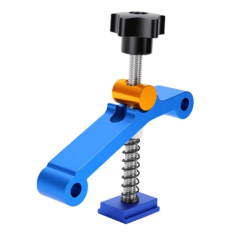 Heavy Duty T Track Clamps With Spring Nut Offer Adjustable Pressure Plate Slider For Woodworking And Metal Milling Tables Featuring 100mm Clamping Range, blue and orange clamp with spring design.