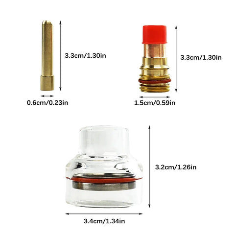 Components of Glass Cup Kit For Welding Torch With Fluid Nozzle Set, including glass cup, nozzle, and silicone ring, dimensions shown.