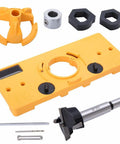 Professional 35mm Hinge Drilling Jig Plus 35mm Forstner Bit Set for precise cabinet door installation, yellow guide tool and bit included.