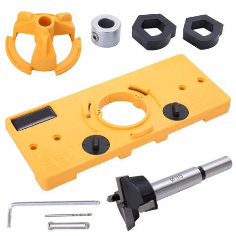 Professional 35mm Hinge Drilling Jig Plus 35mm Forstner Bit Set for precise cabinet door installation, yellow guide tool and bit included.