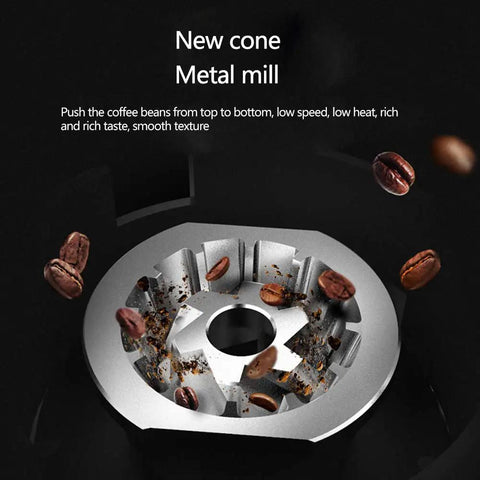 Totally Automatic Bean To Cup Coffee And Tea Maker With Built In Grinder showing metal mill and coffee beans.