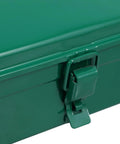 Close-up of secure latch on Big Boy Green Metal Toolbox with Rugged Carry Handle and Secure Latch Perfect for Garage Organization and Truck Bed Runs Features Plenty of Room to Sort Out Hammer Screwdriver Pliers Drill and More Making Home Repairs and Auto Fixes a Breeze.