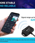 Bluetooth RS485 Module For Solar Power Systems with phone app displaying solar monitoring and module with signal range text