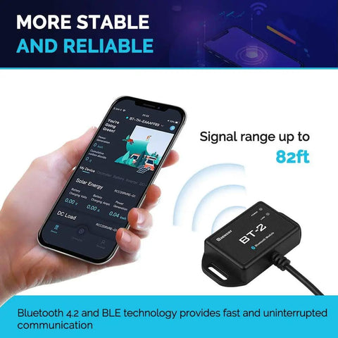 Bluetooth RS485 Module For Solar Power Systems with phone app displaying solar monitoring and module with signal range text