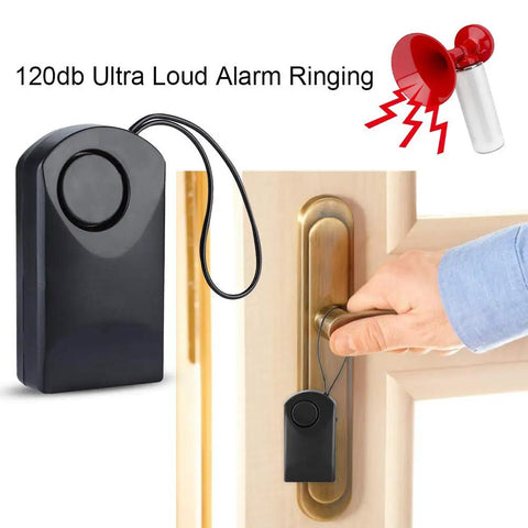 Ultra Loud 120dB Door Sensor Alarm For Home, Travel And Hotels, Touch, Vibration And Magnet Detection For Kids Safety, Luggage, Backpack, And Security, Instant Alerts When Door Opens black sensor hanging on door handle