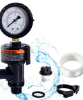 Front view of air relief valve with pressure gauge for pool filter; black body, white dial, includes fittings.