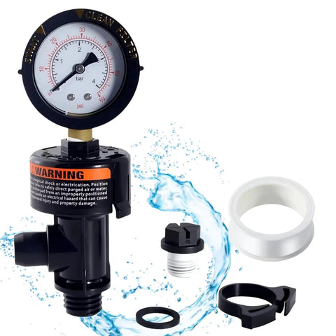 Front view of air relief valve with pressure gauge for pool filter; black body, white dial, includes fittings.