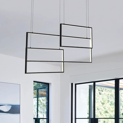 Contemporary LED Square Pendant Light Chandelier In Black, Dimmable Adjustable Cord Length, Ideal For Dining Room, Kitchen Island Or Stairway