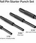 Roll Pin Starter Punch Set For AR Builds Four Starter Punches In Sizes One Sixteenth Five Sixty Fourths Three Thirty Second And One Eighth Inches Heat Treated Steel With Black Finish Keeps Pins In Place During Installation shown in aligned view