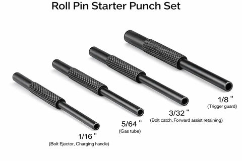 Roll Pin Starter Punch Set For AR Builds Four Starter Punches In Sizes One Sixteenth Five Sixty Fourths Three Thirty Second And One Eighth Inches Heat Treated Steel With Black Finish Keeps Pins In Place During Installation shown in aligned view