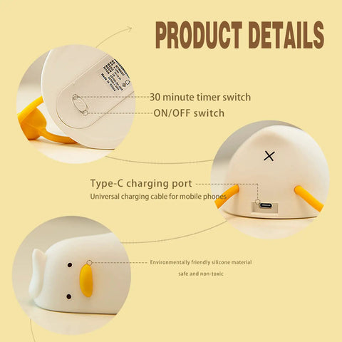 Flat Lying Duck Night Light For Kids Soft Silicone Nursery Lamp With Touch Control And Type C Rechargeable Battery Adorable Baby Mood Light
