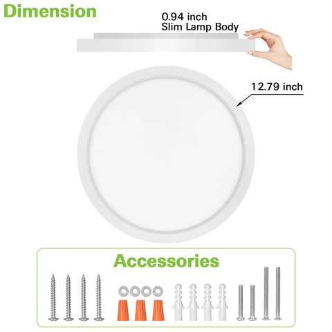 Smart LED Flush Mount Ceiling Light Fixture With RGB Backlit Ambient Lighting And Tunable White 3000K To 6500K, 24W, 12 Inch, ETL Listed dimensions and accessories