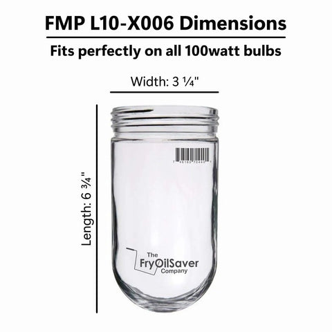 Beefy Heavy Duty Clear Glass Light Bulb Cover Protector Cage with dimensions for 100 watt bulbs, front view with dimensions
