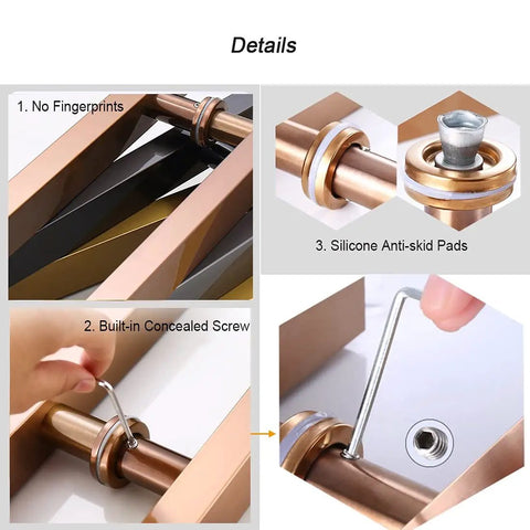 Details of door hardware with silicone anti-skid pads, no fingerprints, and built-in concealed screw shown in close-up views.