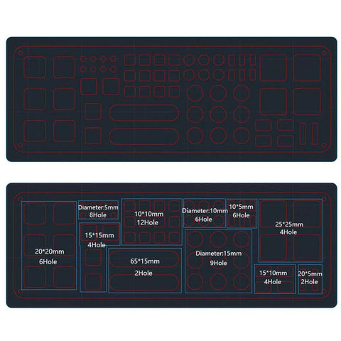 Diagram of 63 Hole Screwdriver Storage Rack for Hex and Cross Bits with labeled dimensions; RC Tools Organizer Stand layout