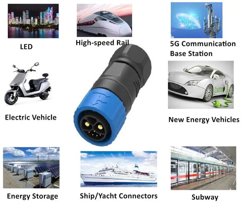 Rock Solid M23 8 Pin Waterproof Wire Connector IP67 Rated image showing key uses in electric vehicles and energy systems.