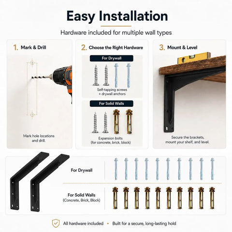 20 Inch Beefy Heavy Duty L Shelf Brackets Black Built From One Fifth Inch Cold Rolled Steel With Solid Welds For Ultra Stable Shelving, Perfect For Wood Metal Or Any Board Materials, Industrial Grade Support For Heavy Loads. Easy installation guide for black shelf brackets, hardware included