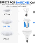 Diagram showing compatibility of BR20, BR30, BR40 bulbs with 4, 5/6, and 6 inch cans for 12 Pack BR30 LED Recessed Light Bulbs Dimmable.