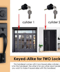 Oil Rubbed Bronze keyed door handle set with cylinders and keys for double door entry, portable LED table lamp with 3 level brightness.