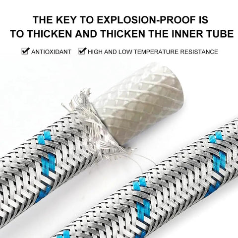 Close-up of 10 Foot Stainless Steel Washing Machine Hoses With 90 Degree Elbows Two Pack, showing burst-proof inner tube.