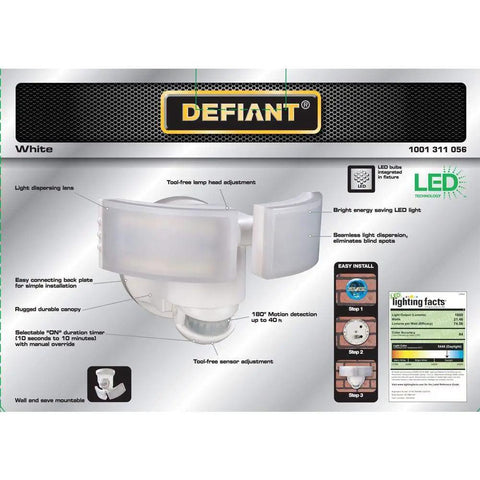 Packaging of 180 Degree LED Motion Security Light for Outdoor Safety White Finish Motion Activated Floodlight with instructions.