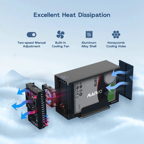 Dual Bay Hard Drive RAID Enclosure With Blazing Fast USB 3.1 10Gbps Speed Supports 2.5 And 3.5 Inch SATA SSD HDD Drives Boasts Plug And Play Installation And Built In Cooling Fan Design with cooling fan and heat dissipation features.