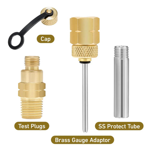 Brass Gauge Adapter With 1/4 NPT Female Thread And Test Plug, 2-1/2 OAL, 1-2/5 Inch Probe, shown with stainless steel sheath