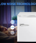 Mini Upright Freezer 1.2 Cu Ft Compact Build With Removable Slides And Adjustable Thermostat Dial In Bright White Finish showcasing low noise technology.