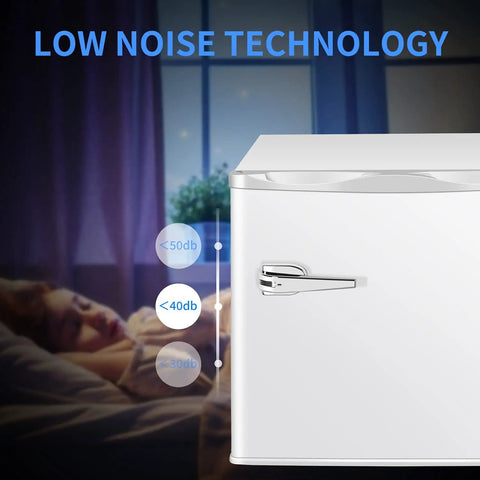 Mini Upright Freezer 1.2 Cu Ft Compact Build With Removable Slides And Adjustable Thermostat Dial In Bright White Finish showcasing low noise technology.