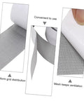 Close-up of Two Roll Window Screen Repair Tape With Heavy Duty Adhesive Mesh Patch for quick DIY fixes showing grid pattern and adhesive backing.