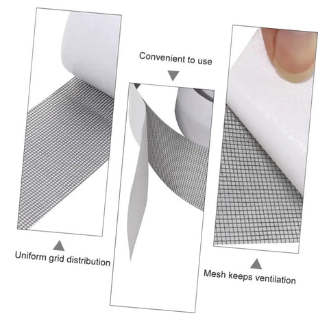 Close-up of Two Roll Window Screen Repair Tape With Heavy Duty Adhesive Mesh Patch for quick DIY fixes showing grid pattern and adhesive backing.