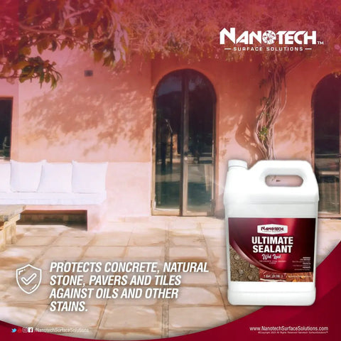 Heavy Duty Wet Look Concrete Sealant High Gloss Water Repellent Coating For Masonry Stone Slate Tile UV Resistant Water Based Formula That Slaps On Smooth And Gives Your Floors That Slick New Shine 5 Gallons with concrete patio and sealant jug.