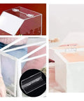 Two Pack Clear Plastic Folding Hinge for Doors and Cabinets, Transparent Acrylic Door Hinges, shown on furniture and boxes