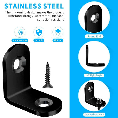 40Pcs L Bracket Set In Black Stainless Steel With 80 Screws For Wood Furniture Cabinets Chairs Shelves And Bookshelves Right Angle Corner Braces 20x20x16mm 5mm Hole Diameter Durable Quick Install Fasteners, close-up of bracket and screw