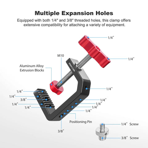 Built Like A Tank Aluminum Desk Camera Mount With Wide C Clamp Heavy Duty Table Rig for DSLR Video Cameras showing multiple expansion holes.